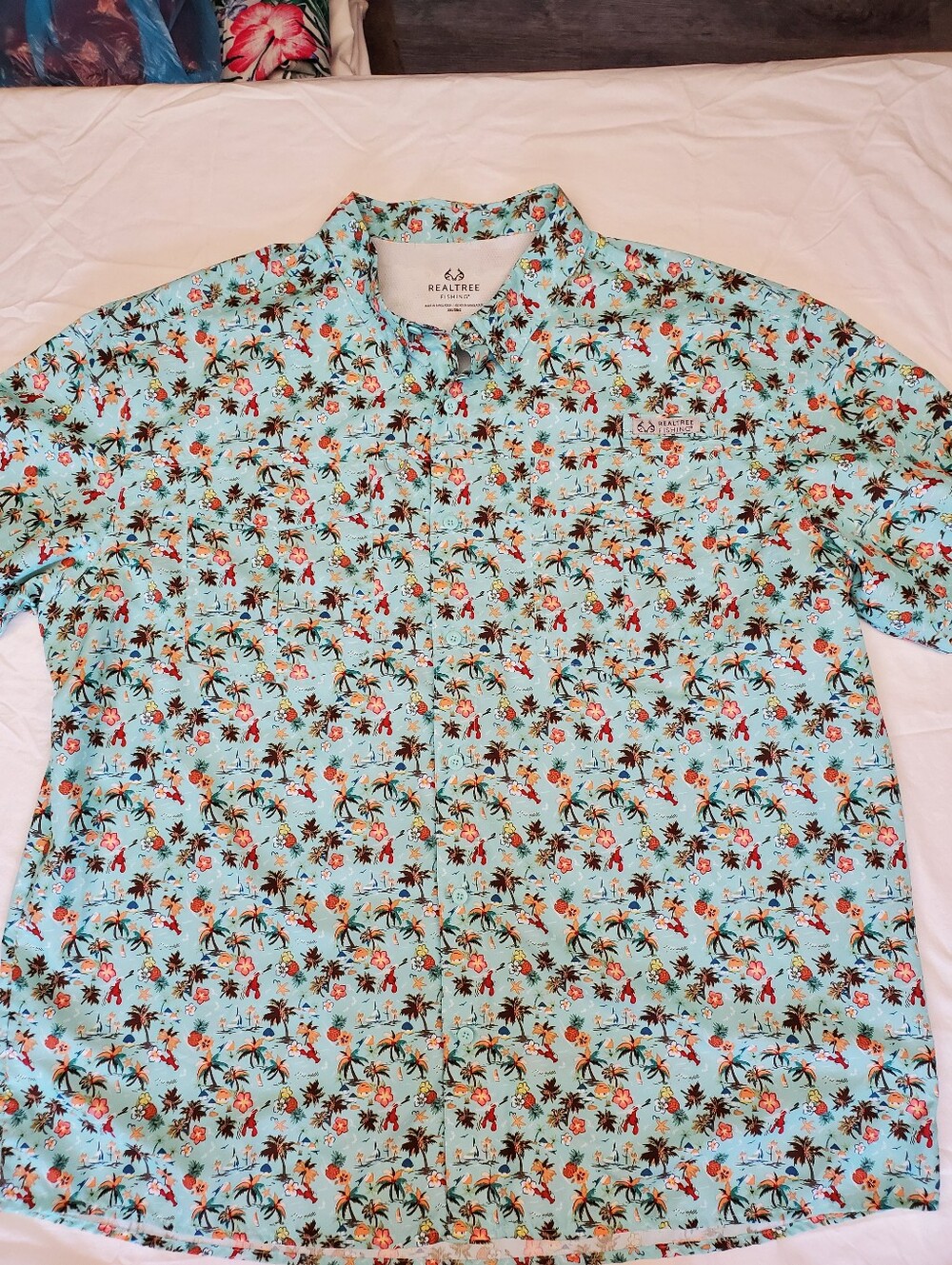 Realtree Fishing Shirt Mens 2XL Aqua Lobster Palm Tree Tropical Vented